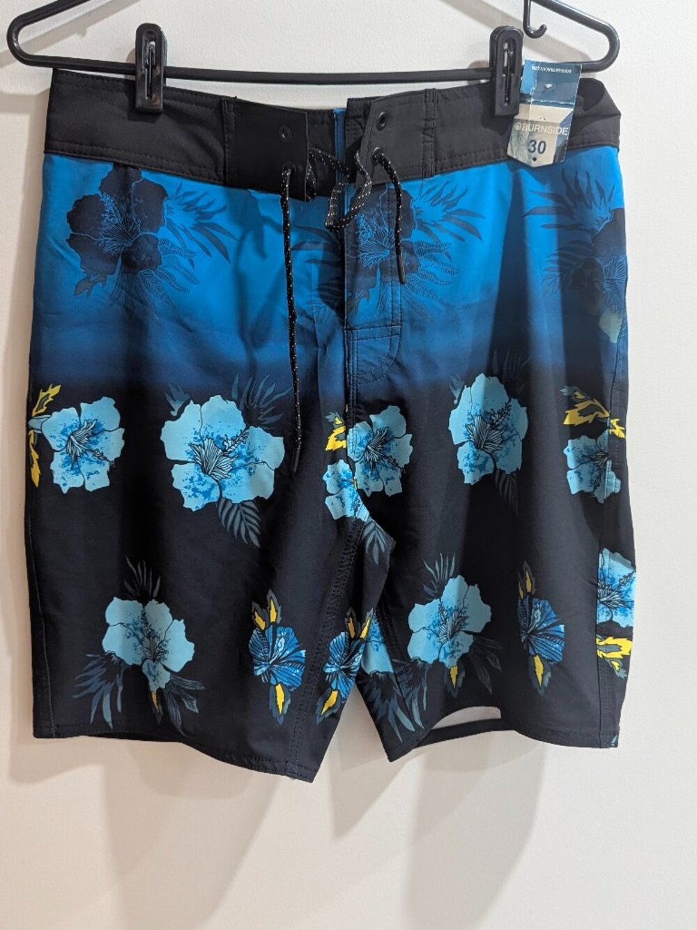 Burnside Men's 30" board shorts vibrant blue and black tropical floral